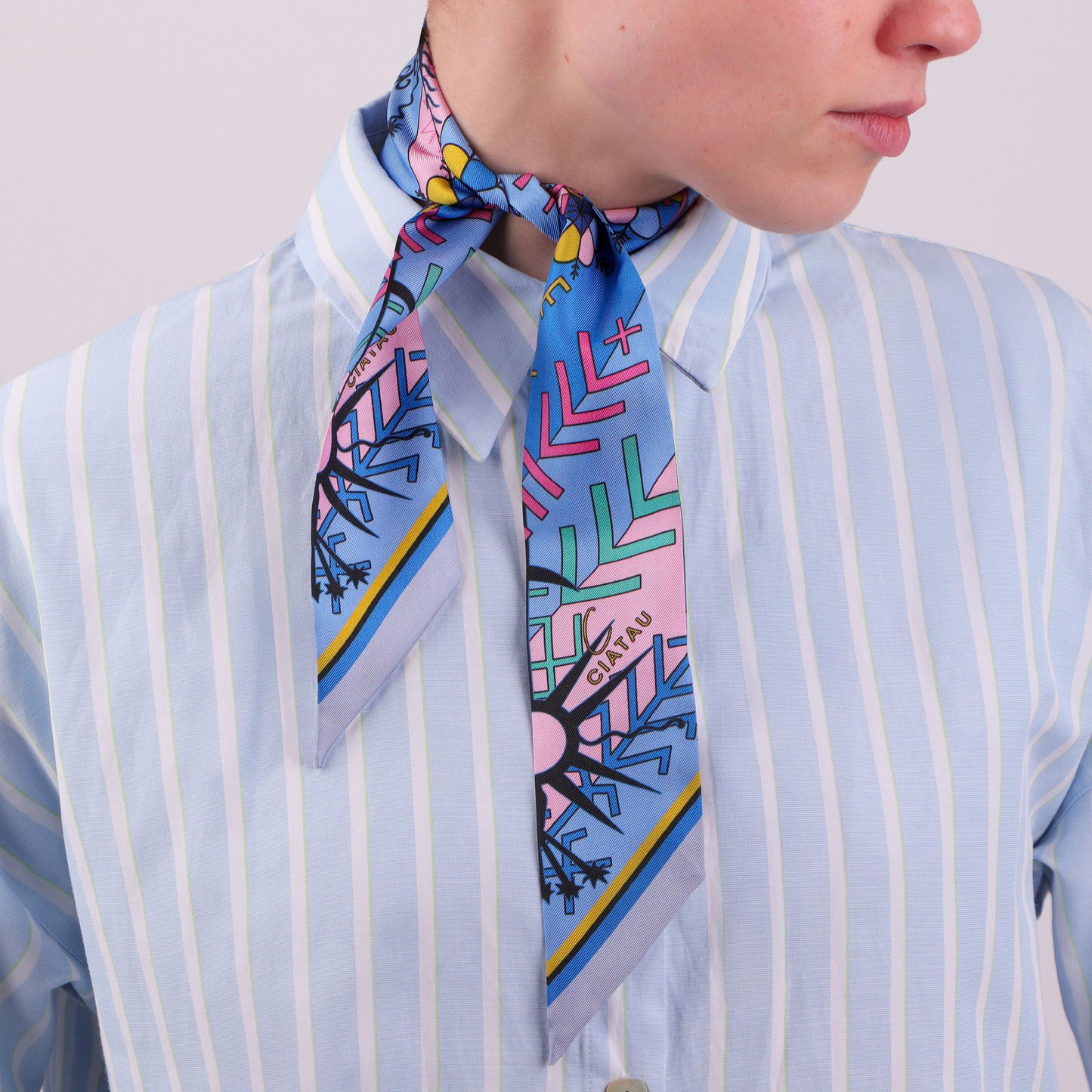 Blue Folk Pattern Design Twilly Scarf Tied Around Neck Front CIATAU