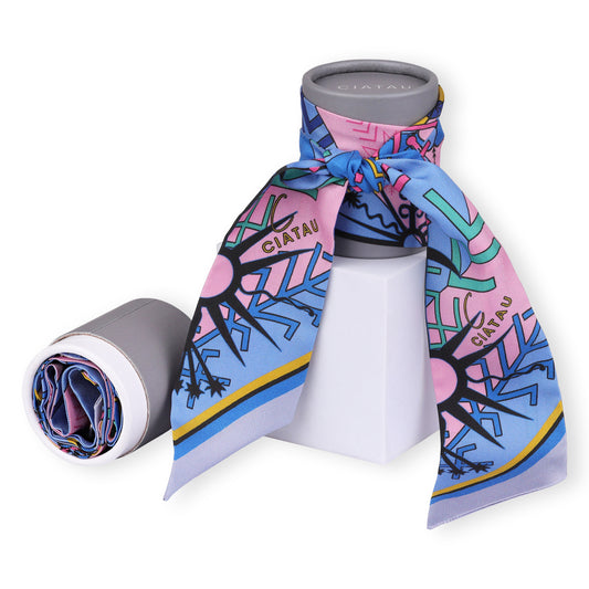 Blue Folk Pattern Design Twilly Scarf With Box CIATAU