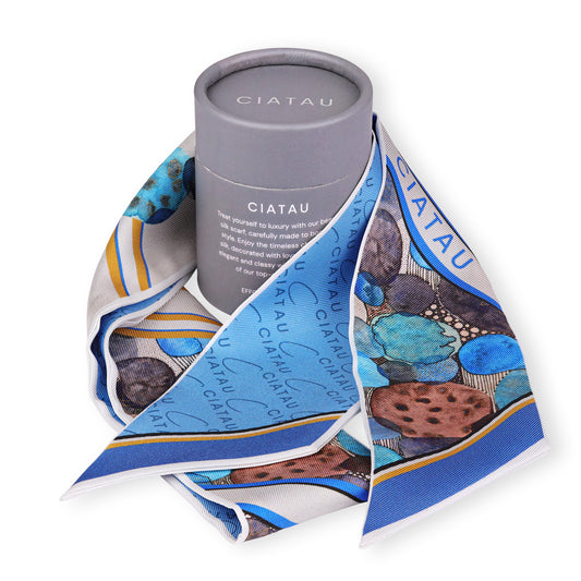 Blue Watercolor Design Twilly Scarf With Box CIATAU