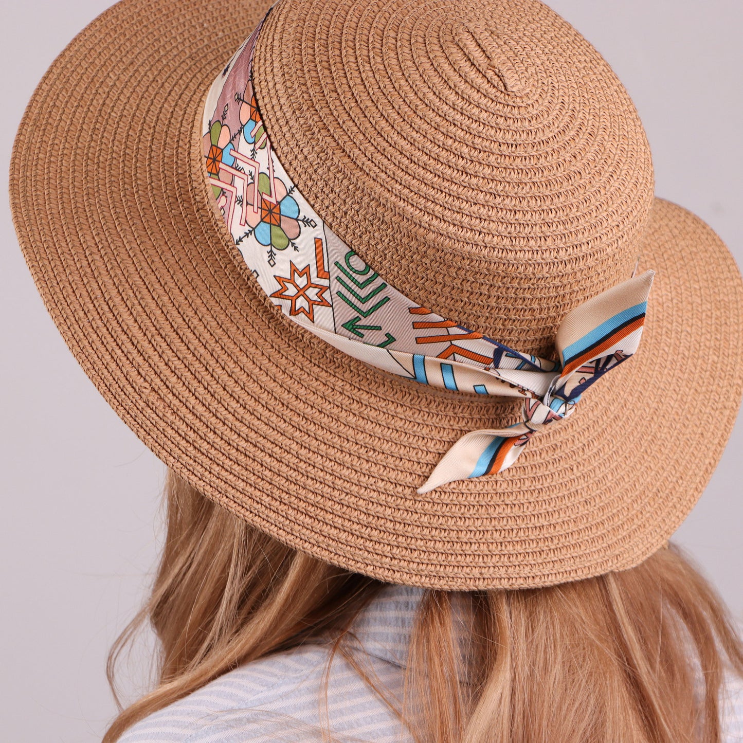 Cream Folk Pattern Design Twilly Scarf Tied Around Hat CIATAU