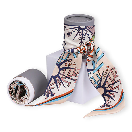 Cream Folk Pattern Design Twilly Scarf With Box CIATAU