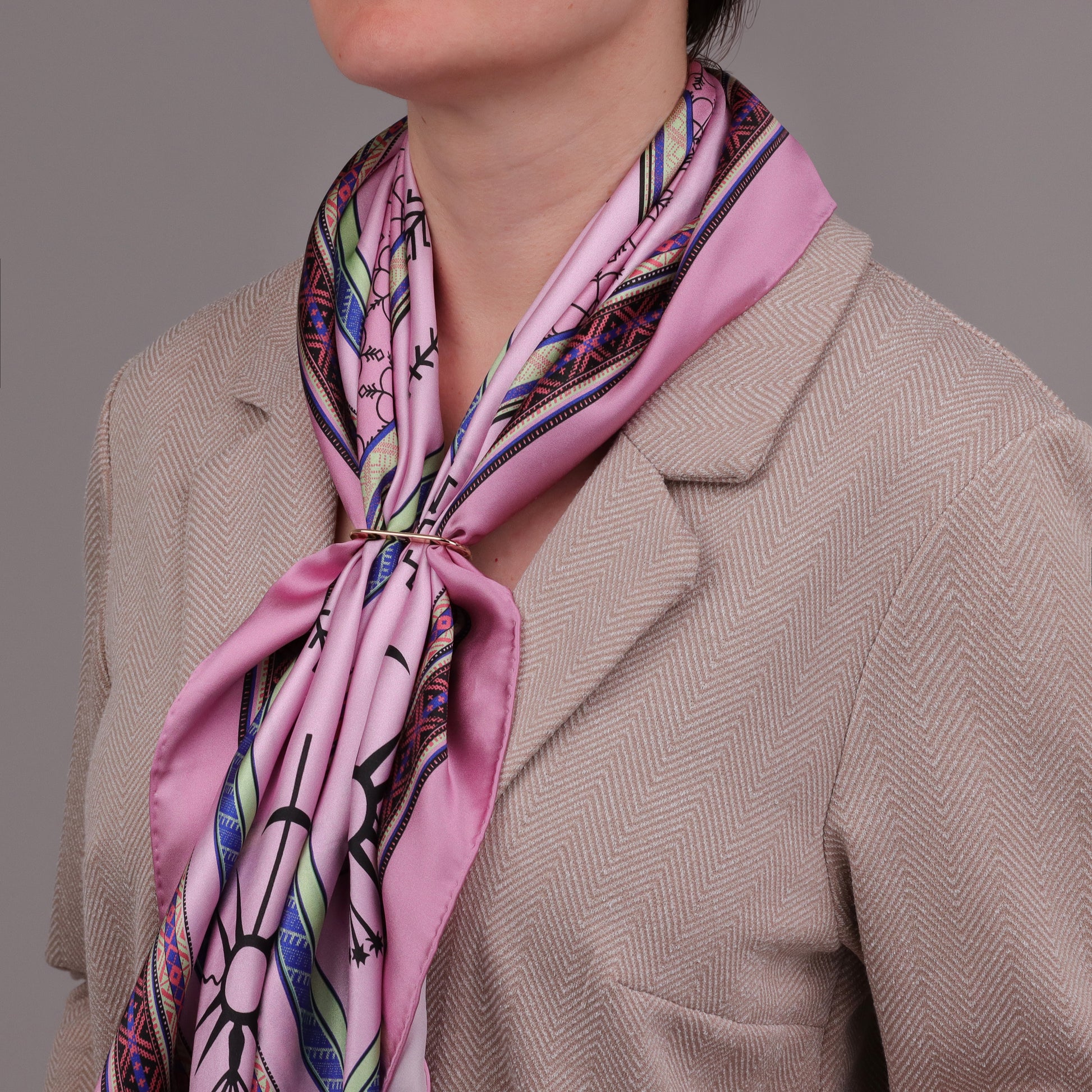 Large Pink Silk Scarf Tied Around Neck CIATAU