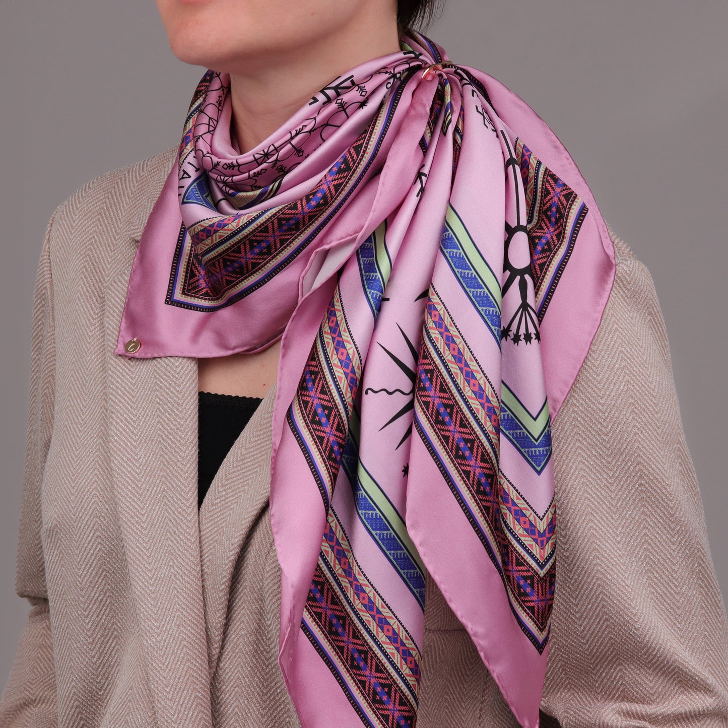 Large Pink Silk Scarf Wrapped Around Neck CIATAU