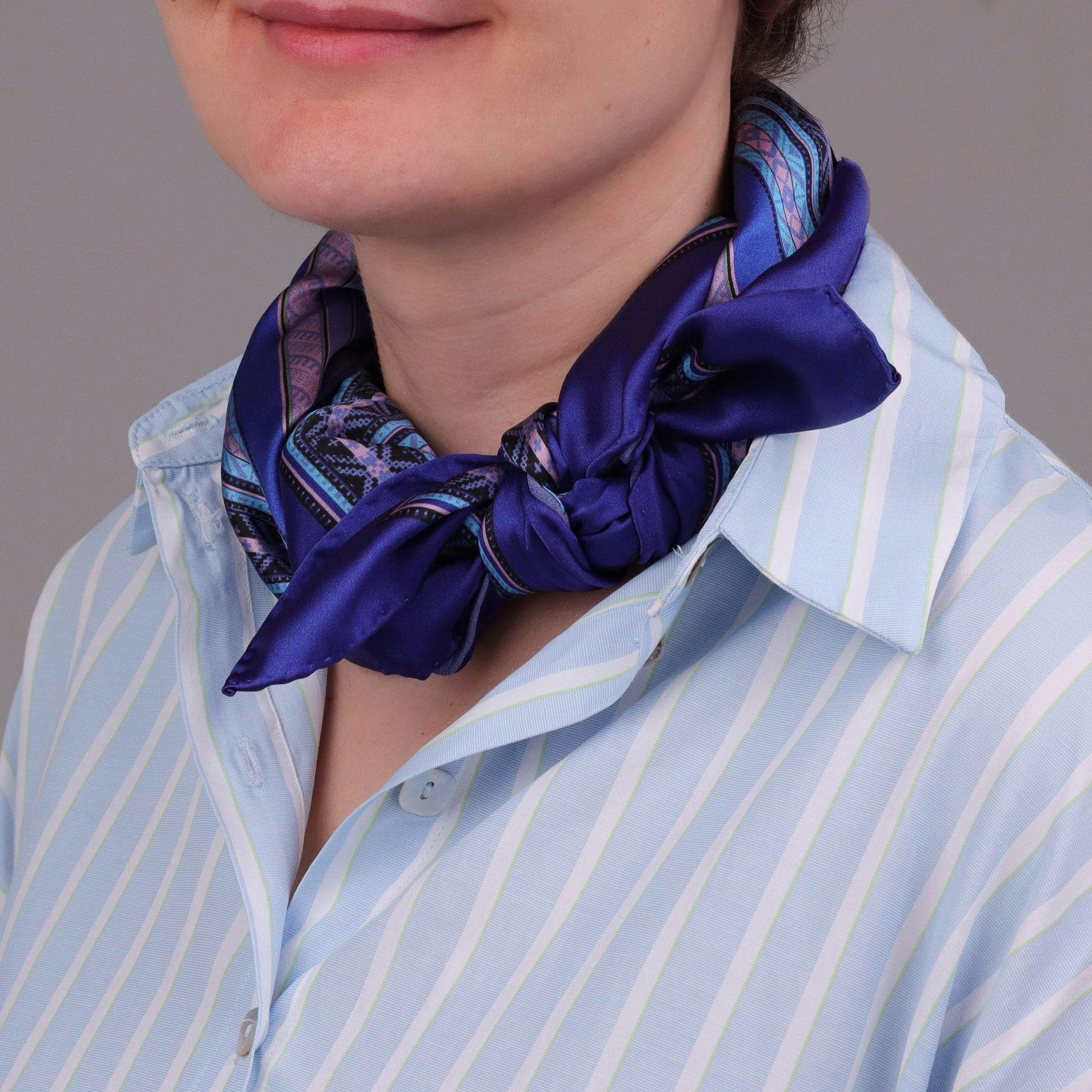 Large Purple Silk Scarf Tied Around Neck CIATAU
