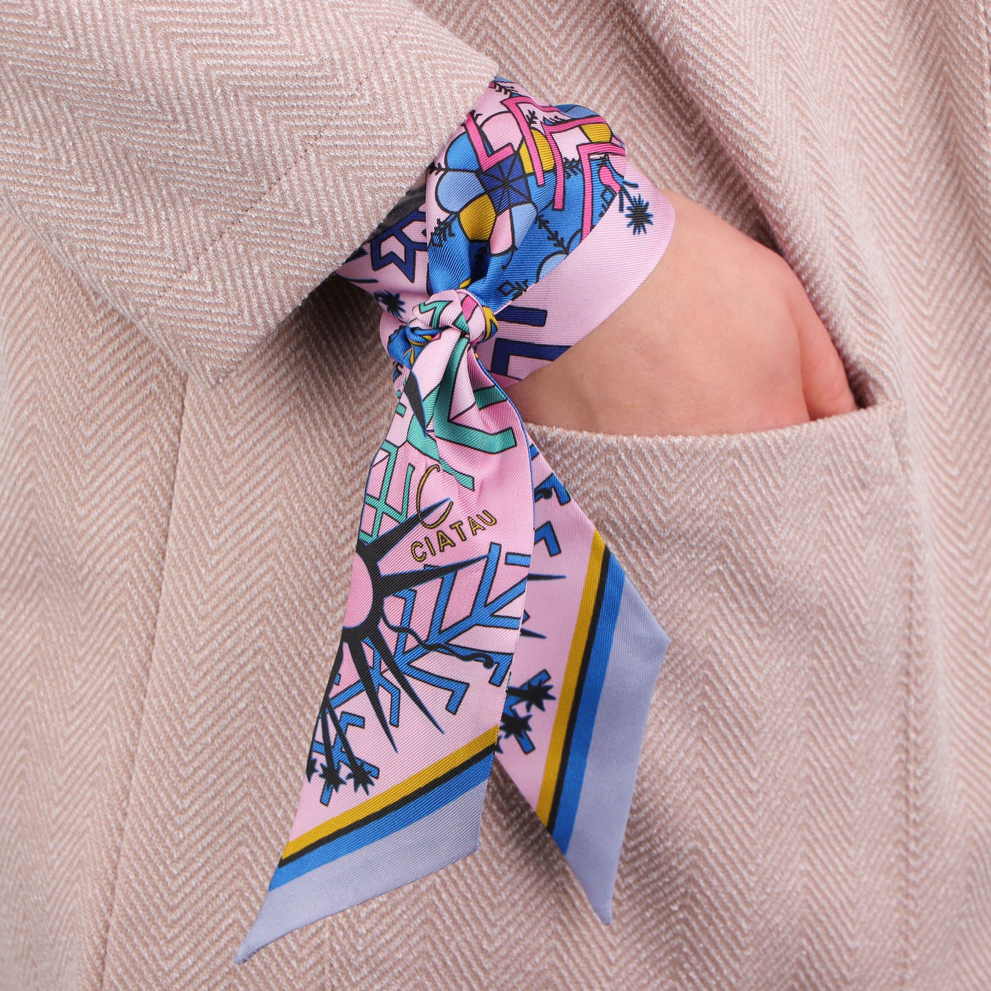 Pink Folk Pattern Design Twilly Scarf Tied On Hand in Pocket CIATAU