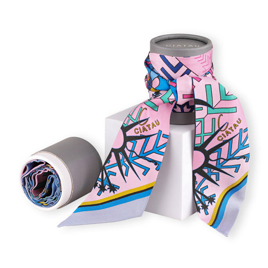 Pink Folk Pattern Design Twilly Scarf With Box CIATAU
