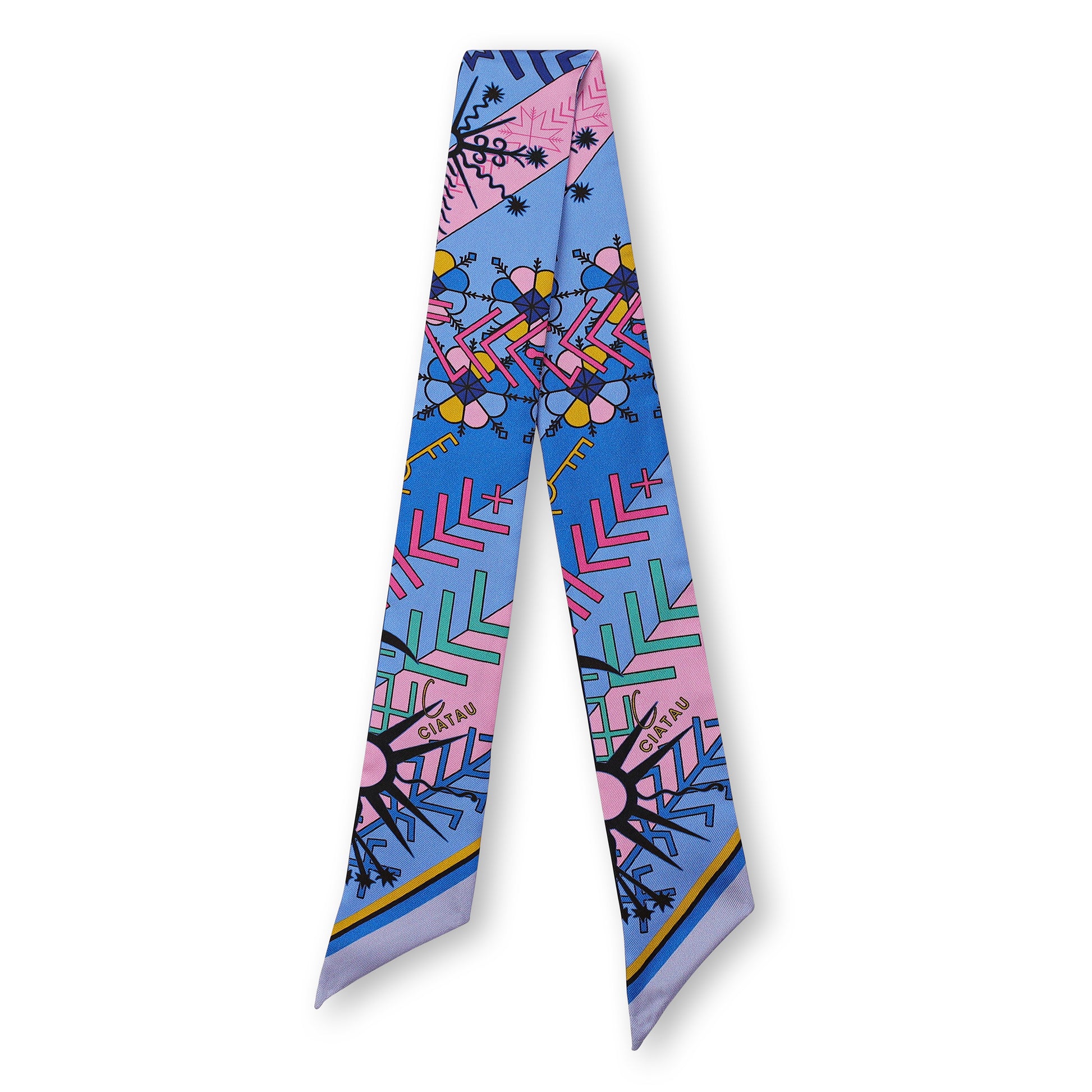 Blue Folk Pattern Design Twilly Scarf Full View CIATAU