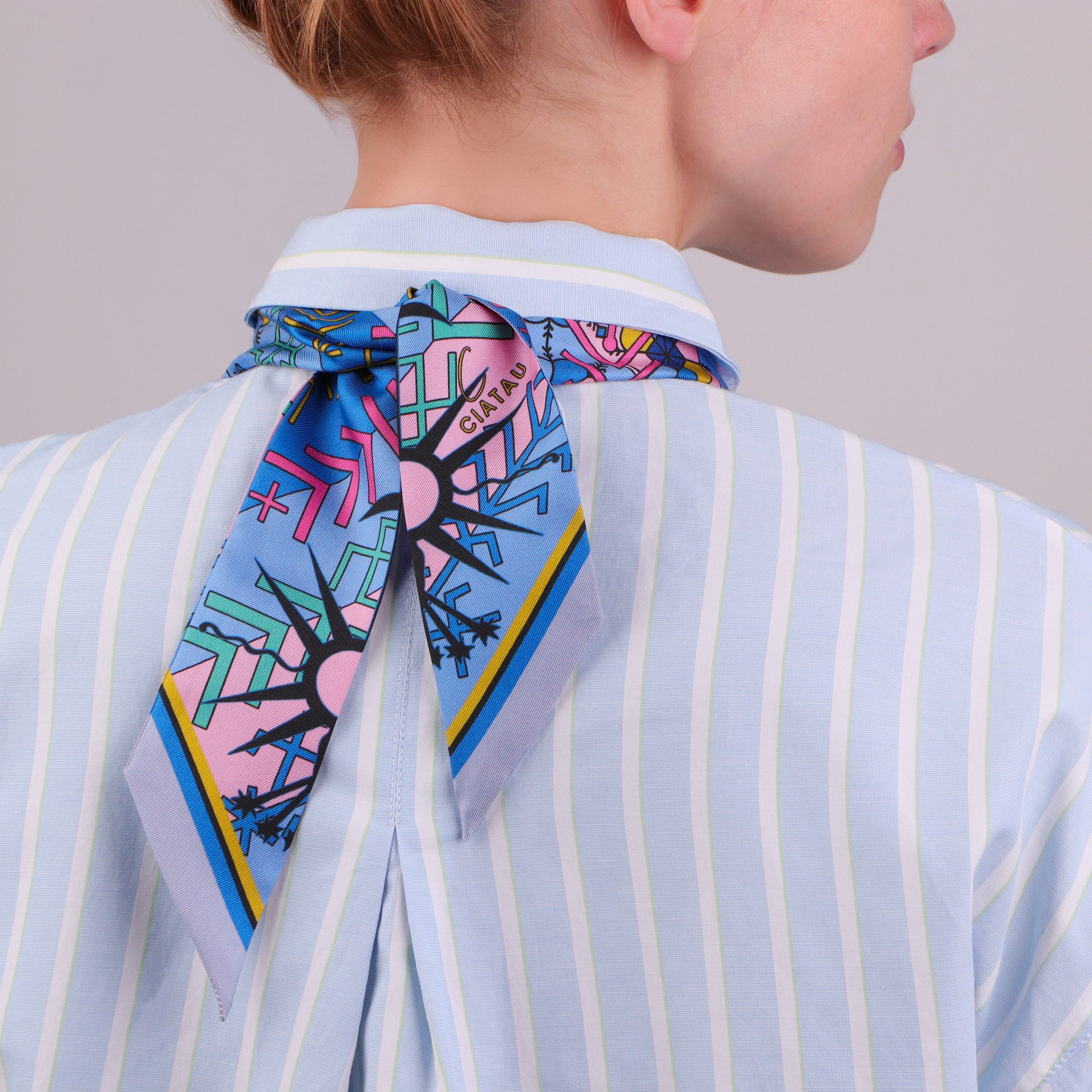 Blue Folk Pattern Design Twilly Scarf Tied Around Neck Back CIATAU