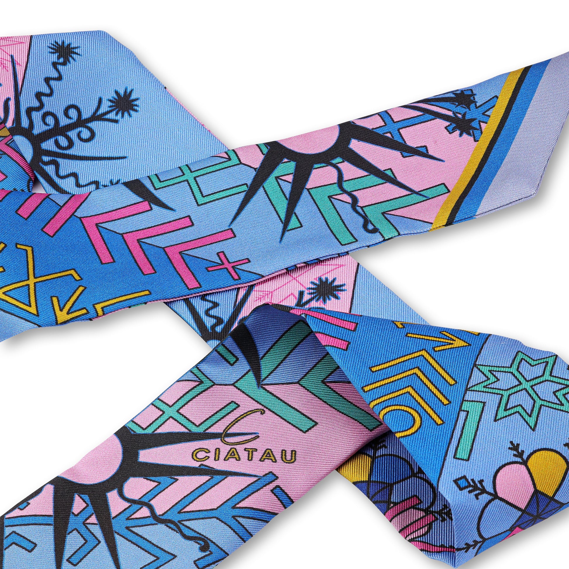 Blue Folk Pattern Silk Ribbon Scarf CIATAU