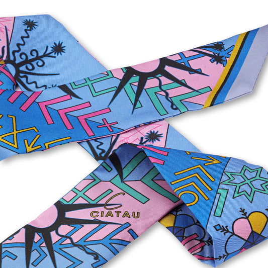 Blue Folk Pattern Silk Ribbon Scarf CIATAU