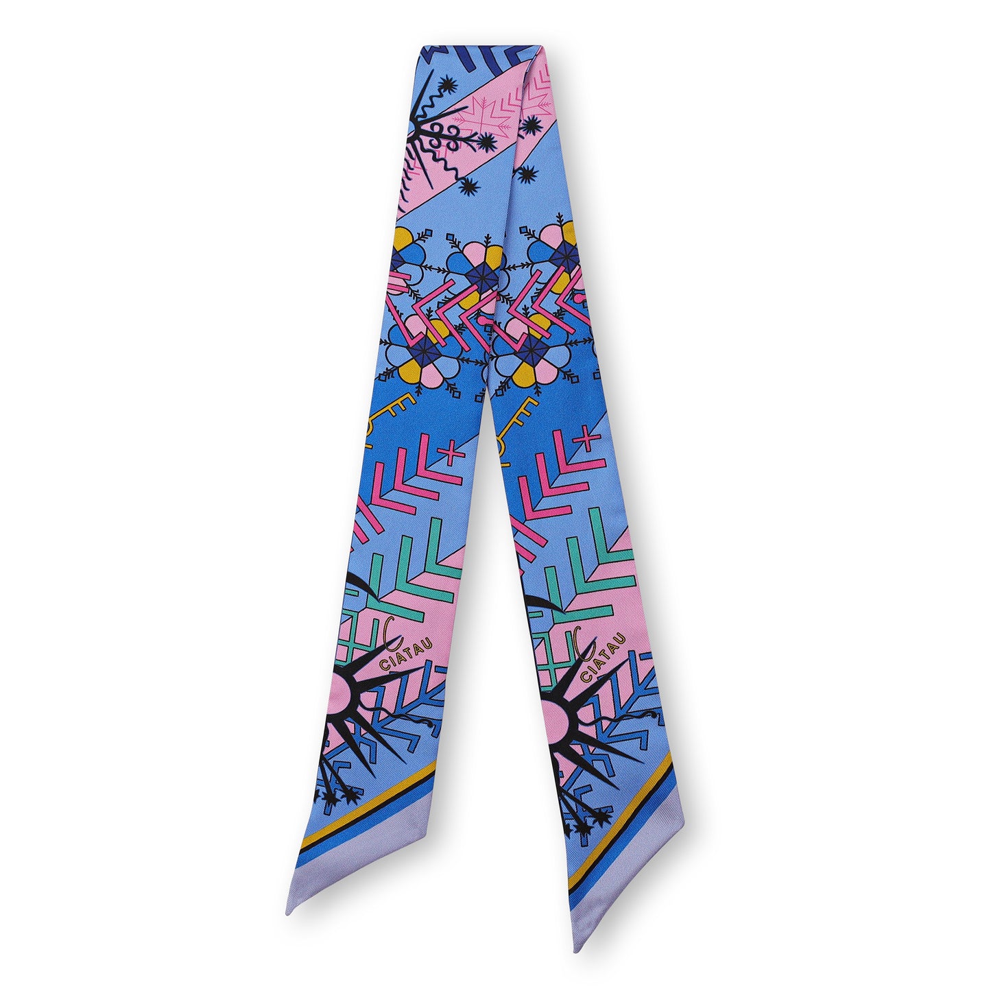 Blue Folk Pattern Ribbon Scarf Full View CIATAU