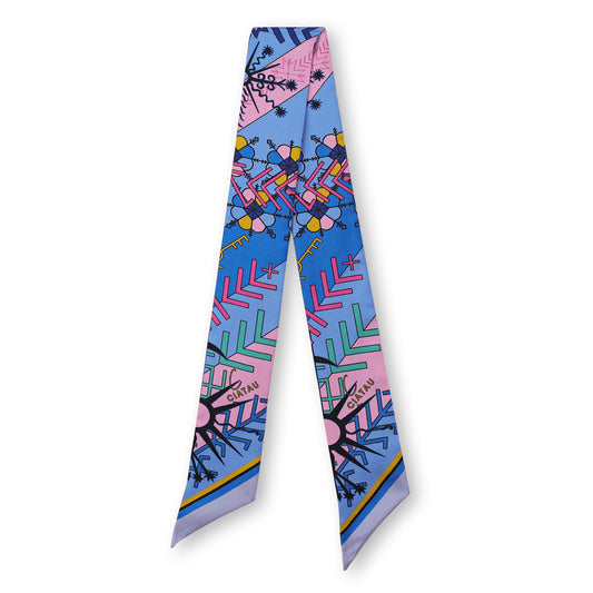 Blue Folk Pattern Ribbon Scarf Full View CIATAU