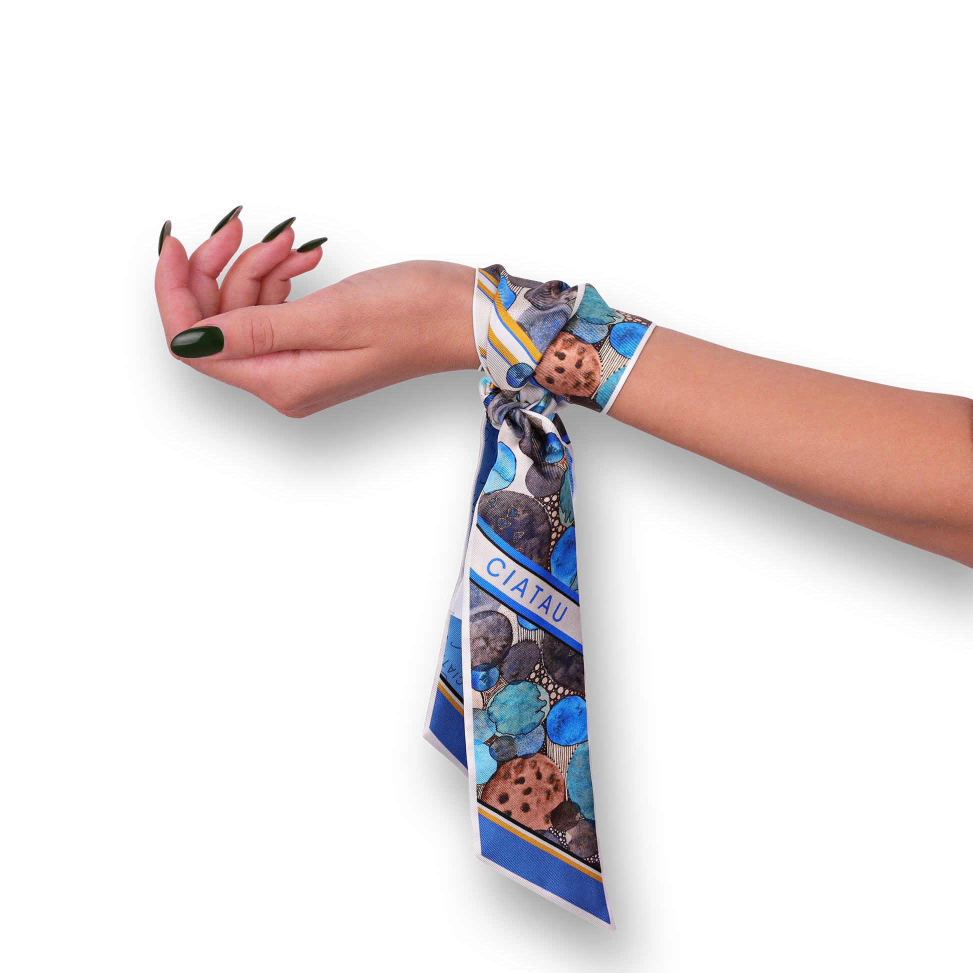 Blue Watercolor Design Twilly Scarf Tied On Hand CIATAU