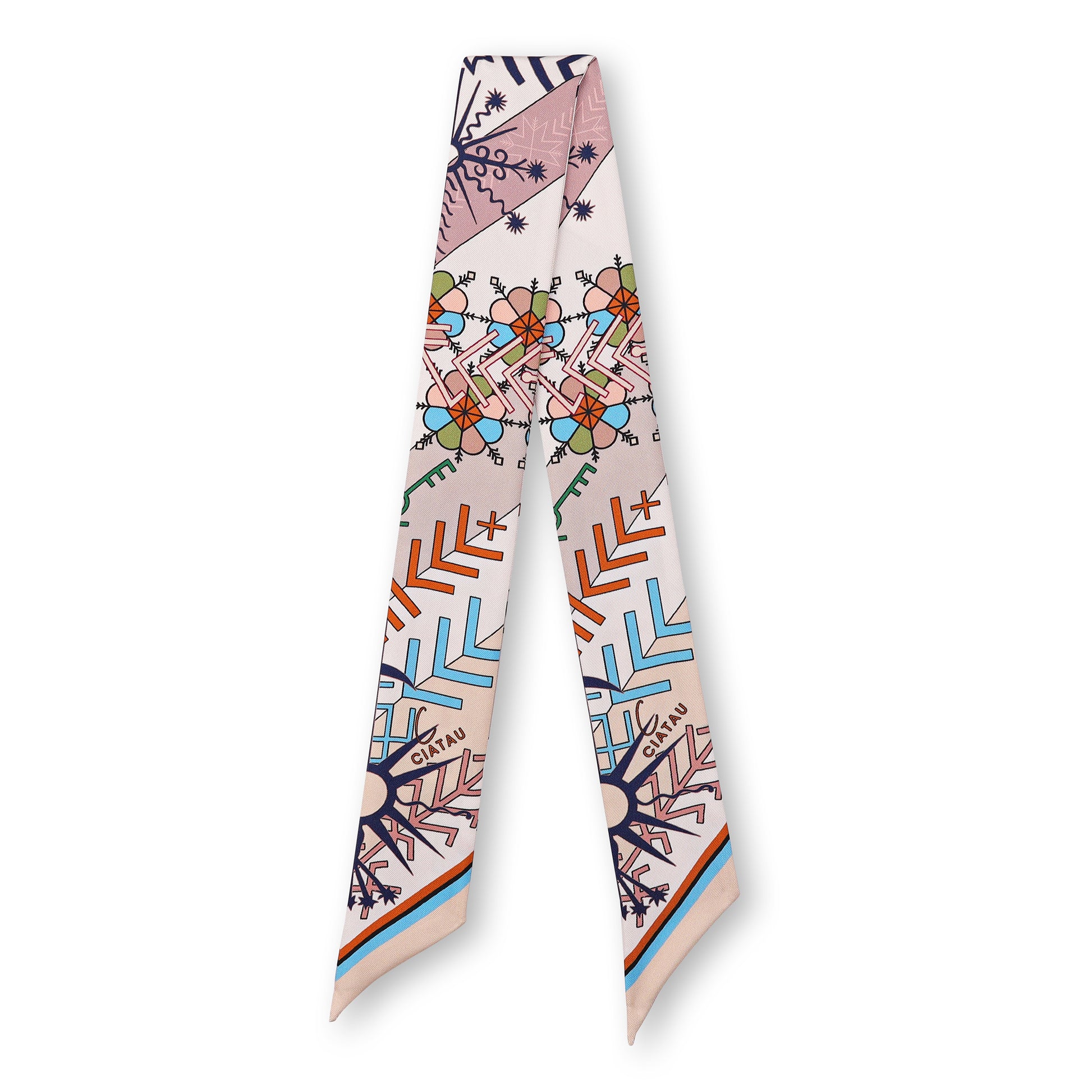 Cream Folk Pattern Design Twilly Scarf Full View CIATAU