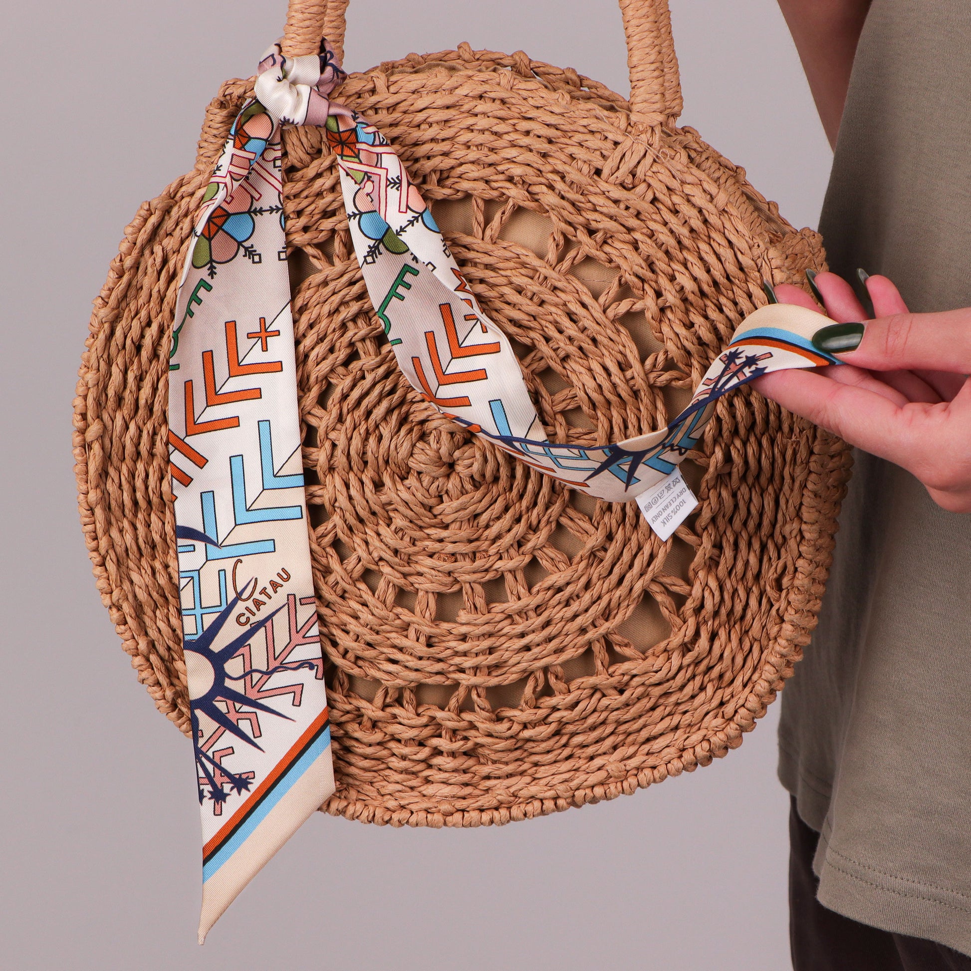 Cream Folk Pattern Design Twilly Scarf Tied On Bag CIATAU