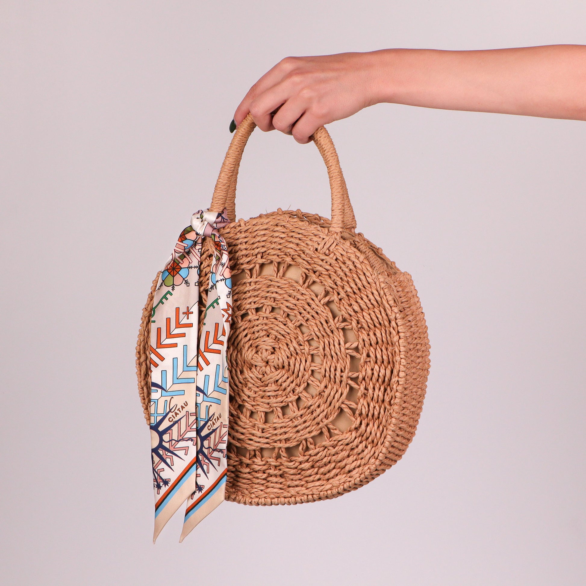 Cream Folk Pattern Design Twilly Scarf Tied On Bag Full View CIATAU