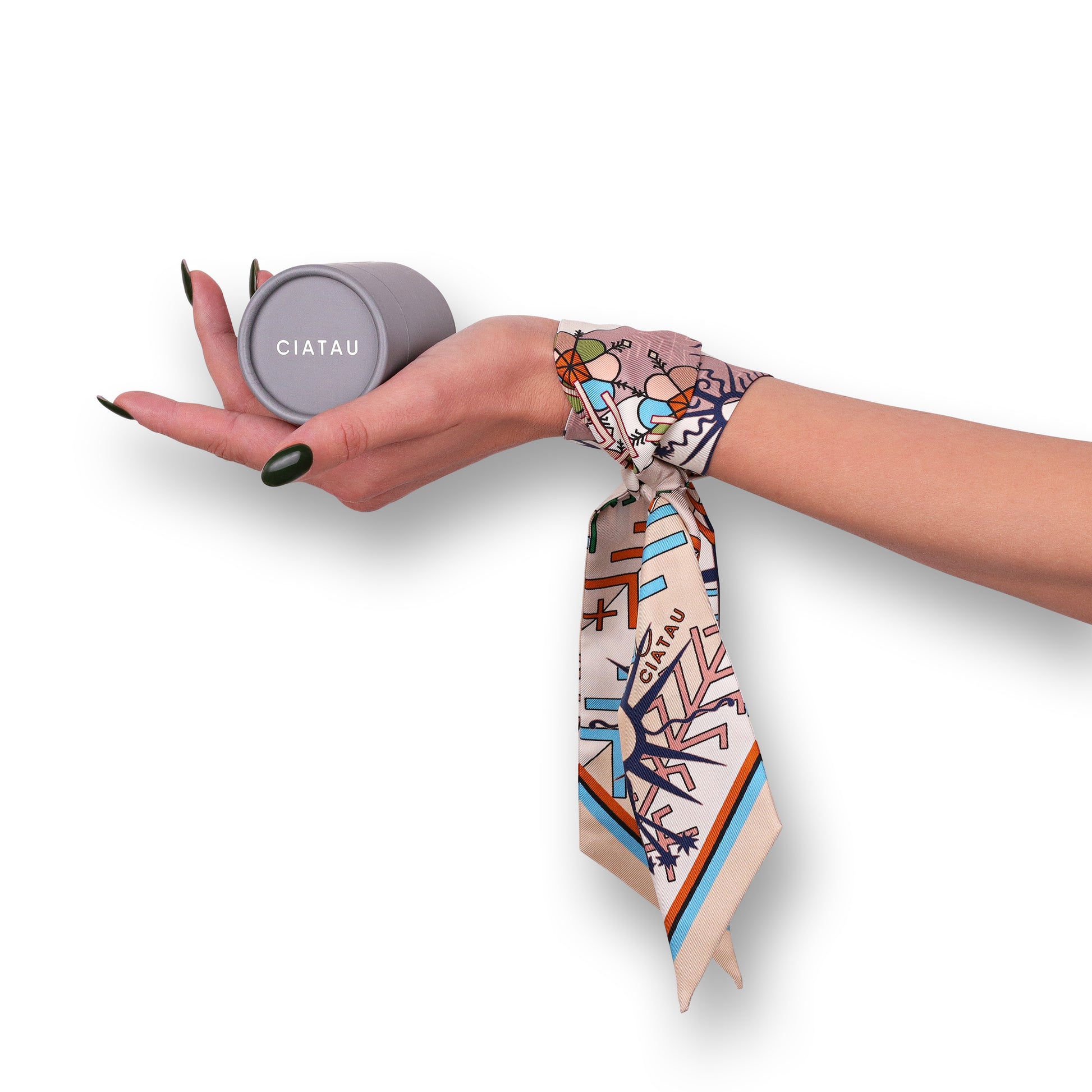 Cream Folk Pattern Design Twilly Scarf Tied On Hand CIATAU