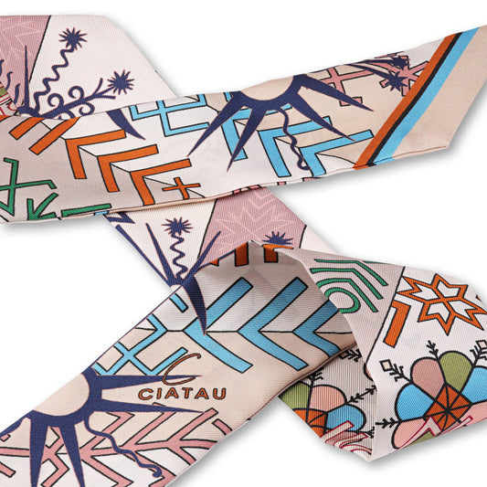 Latte Folk Pattern Silk Ribbon Scarf CIATAU