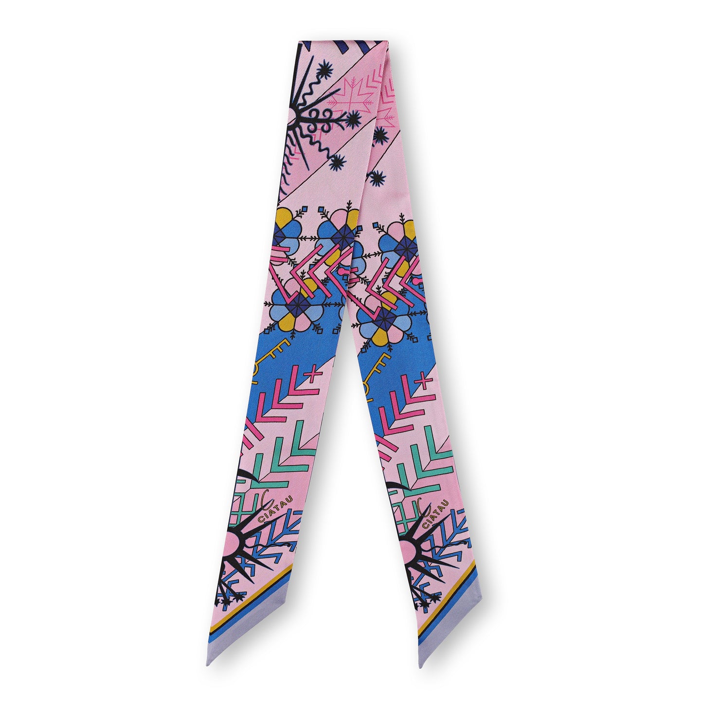 Pink Folk Pattern Design Twilly Scarf Full View CIATAU