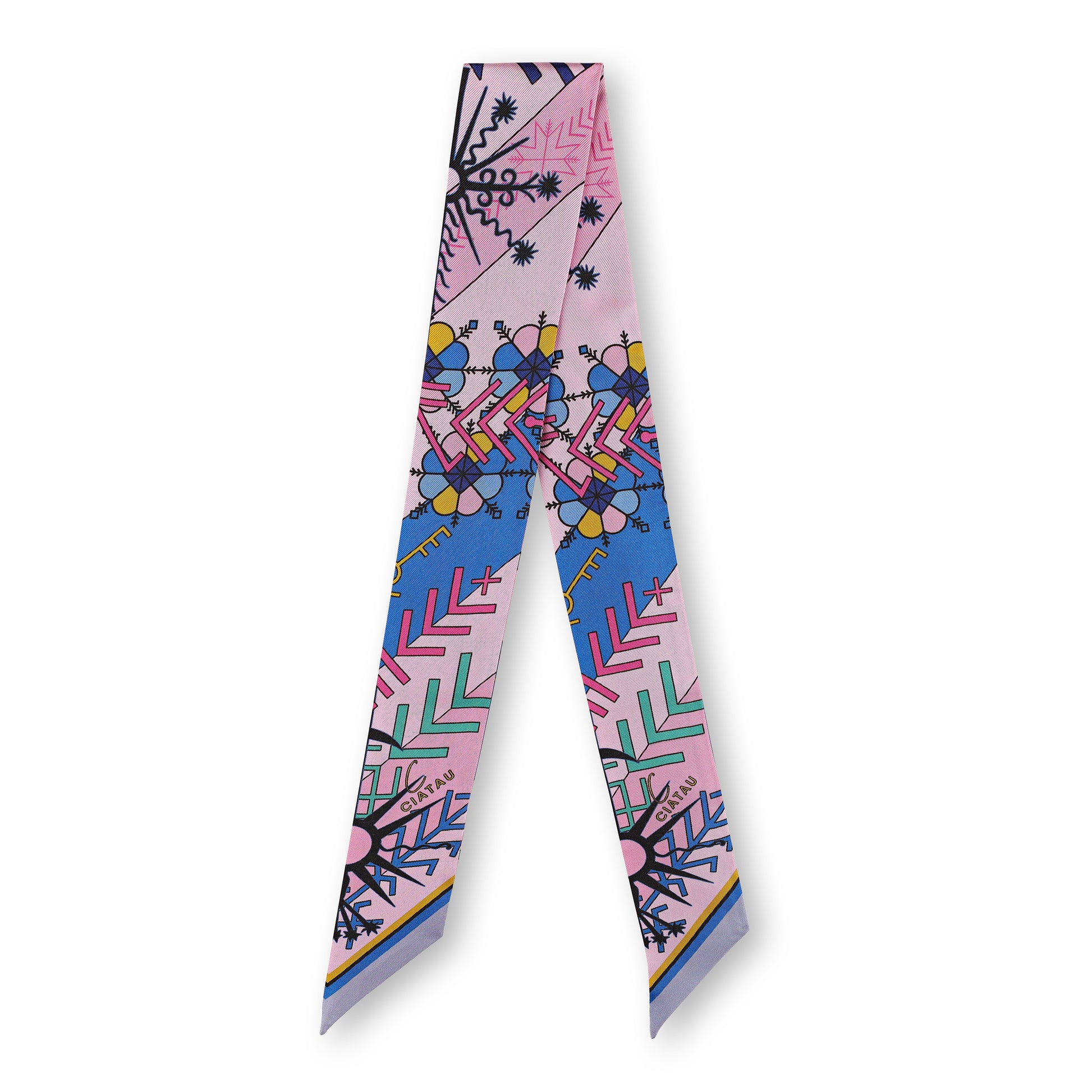 Pink Folk Pattern Design Twilly Scarf Full View CIATAU