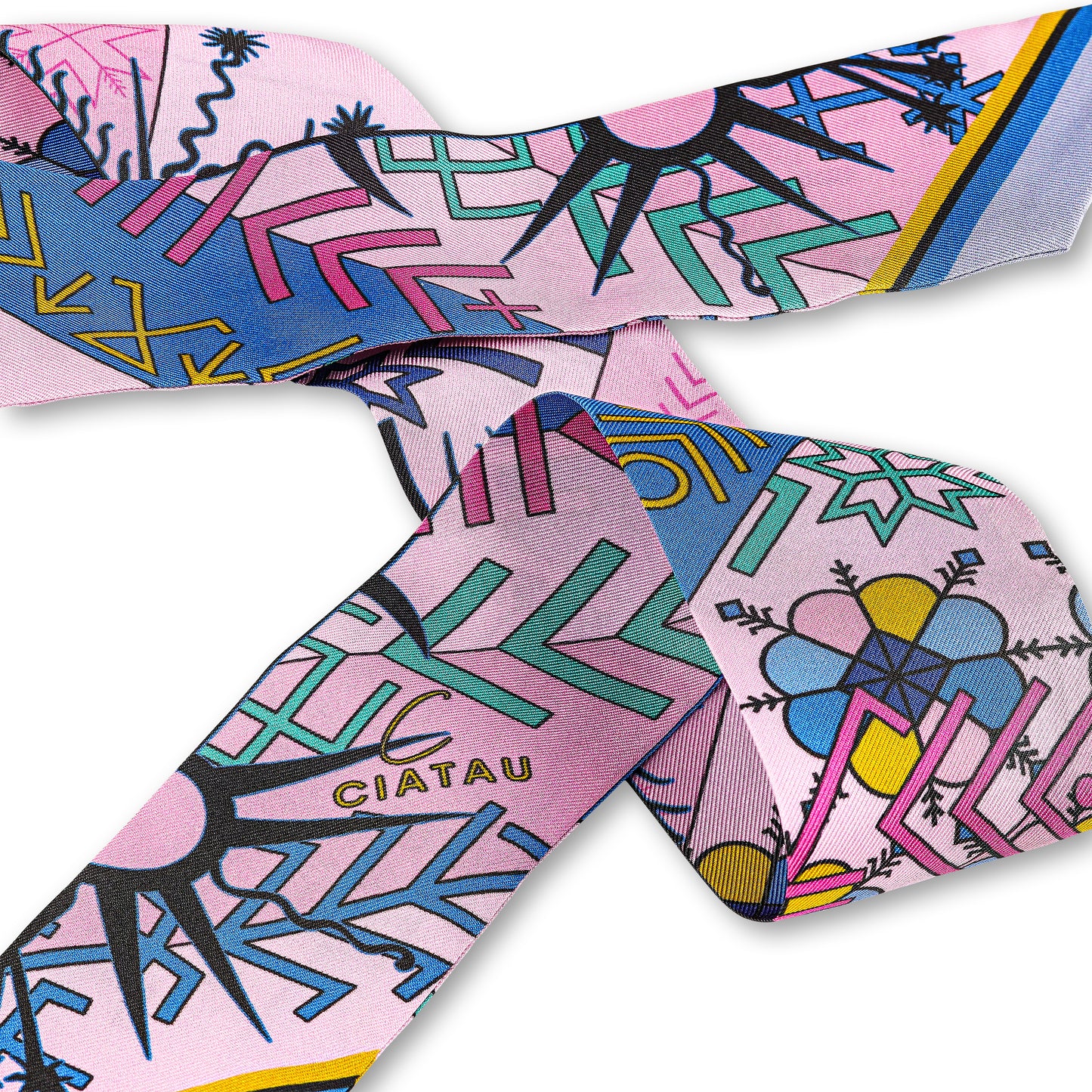 Pink Folk Pattern Silk Ribbon Scarf CIATAU
