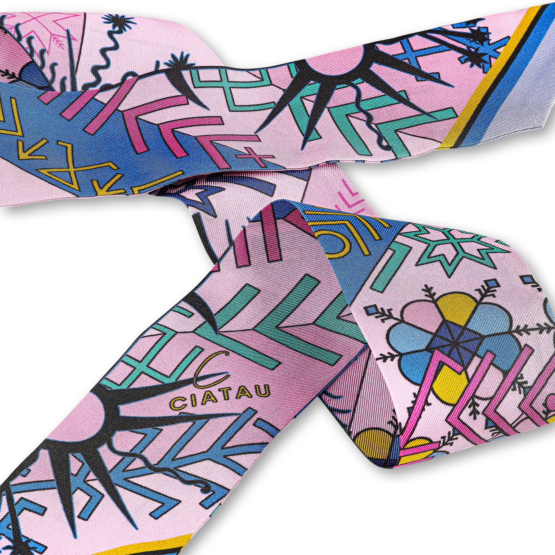 Pink Folk Pattern Silk Ribbon Scarf CIATAU