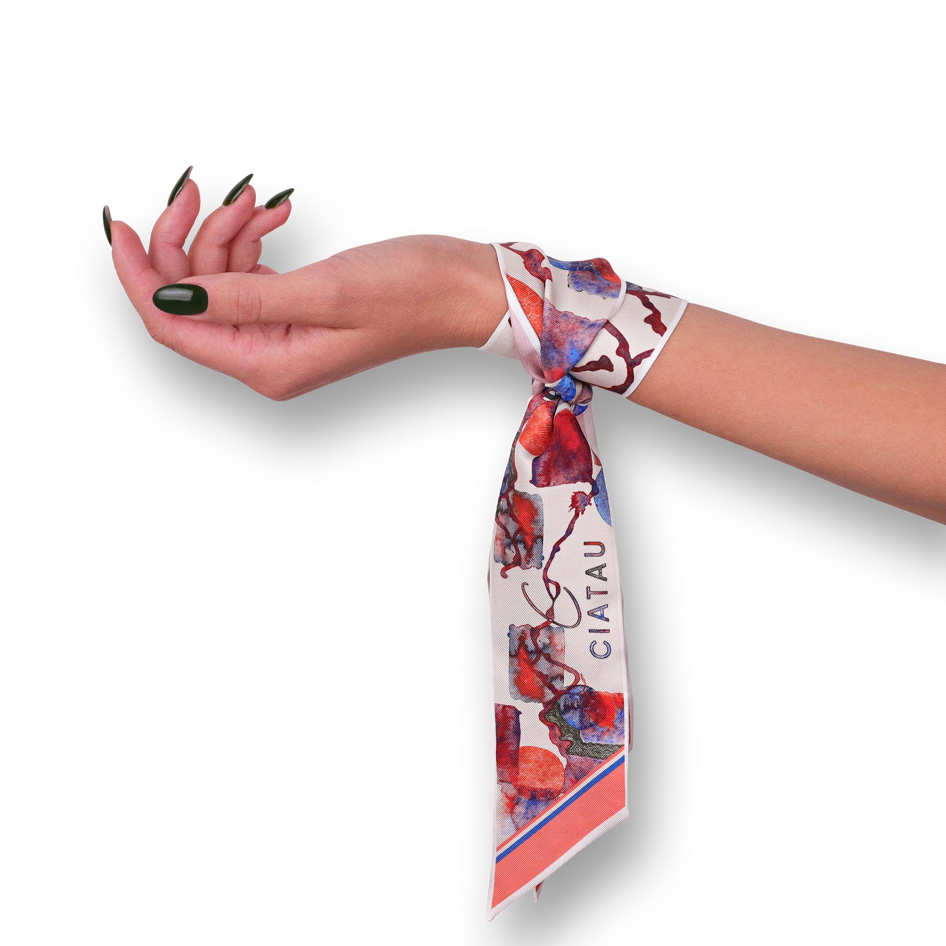 Pink Watercolor Design Twilly Scarf Tied On Hand CIATAU